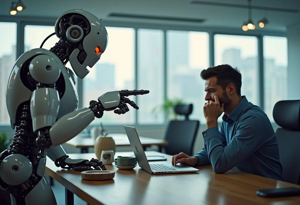 A robot manager telling the man to stop browsing Reddit picture 1 of 1