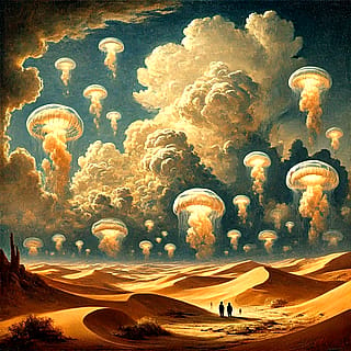 Jellyfish cumulus clouds above vast landscapes'