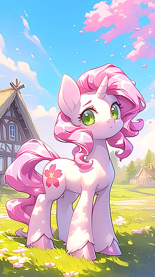 My bestie and I's fb chat theme (cottagecore background + 🌸 emoji) envisioned as a pony 🥰🤭🫡 by nijijourney'