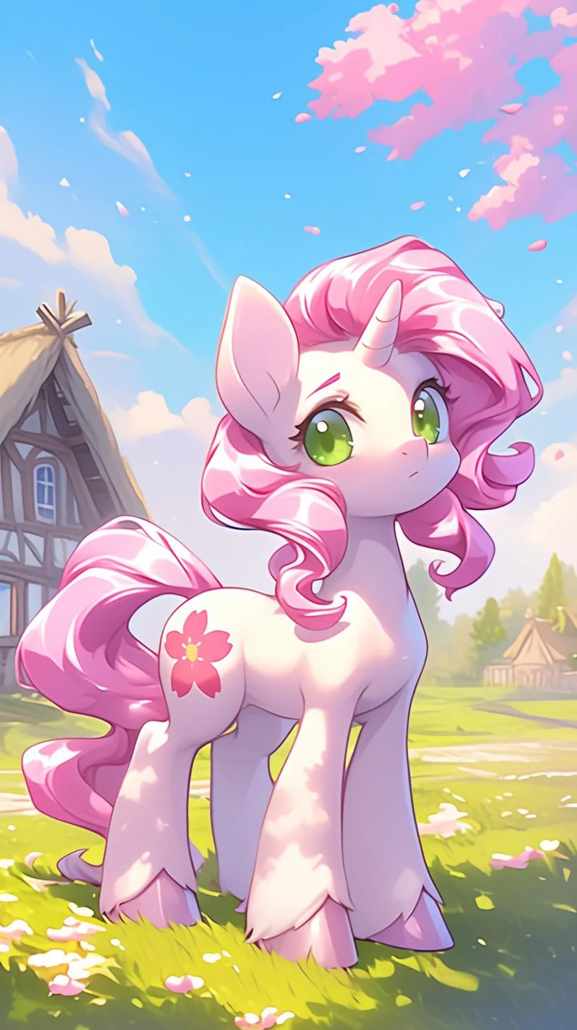 My bestie and I's fb chat theme (cottagecore background + 🌸 emoji) envisioned as a pony 🥰🤭🫡 by nijijourney picture 1 of 1