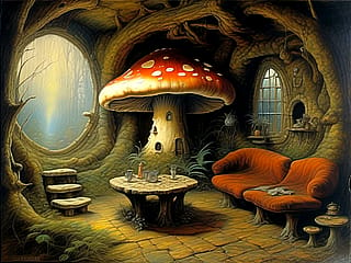 Mushroom druid house interior'