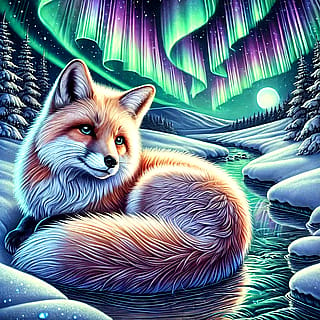 Fox by a creek under a northern lights sky'