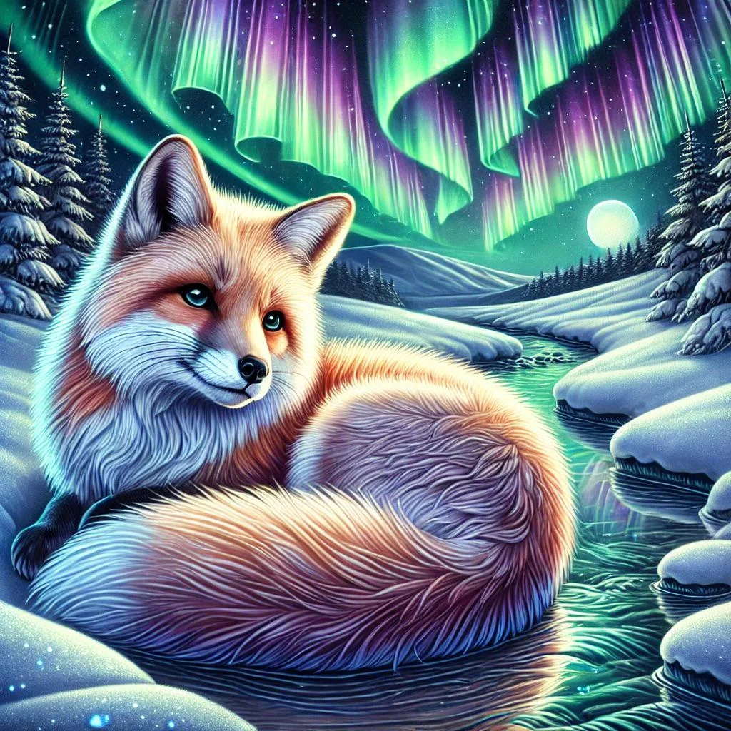 Fox by a creek under a northern lights sky picture 1 of 1