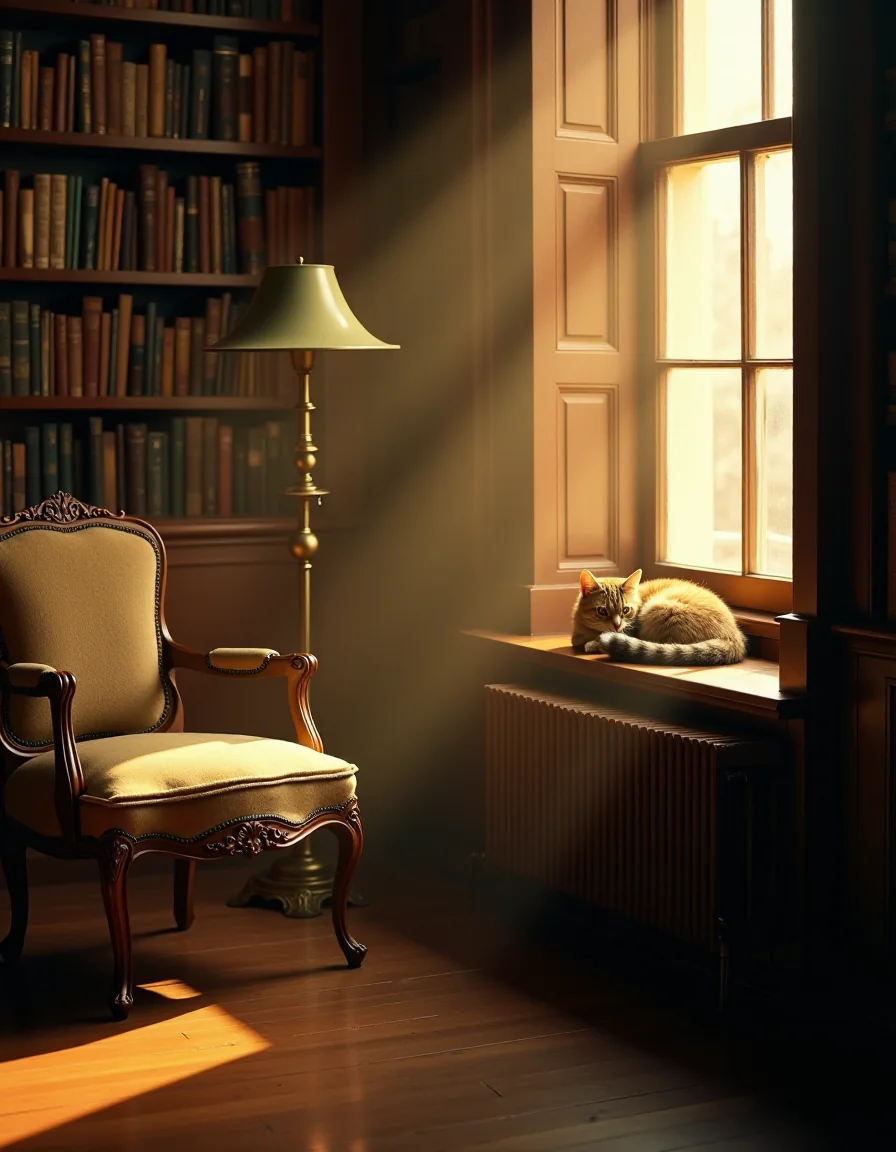 Detailed library photograph, Canon 5D, f/2.8, ISO 800, golden hour | tall bookshelves, vintage armchair, brass lamp casting warm glow | tabby cat sleeping on windowsill | cinematic, Portra 400, soft bokeh, dust particles in sunbeams, 8k picture 1 of 1