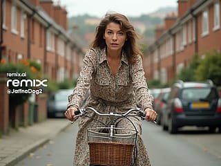 A younger Heather Wigston on her bicycle.'