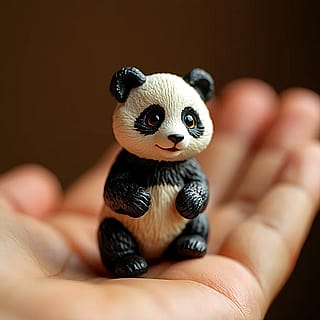 Macro photography, Miniature panda figurine, in a person's palm. Get your own mini cuties with Aux Machina AI'