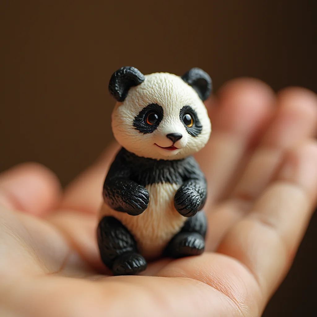 Macro photography, Miniature panda figurine, in a person's palm. Get your own mini cuties with Aux Machina AI picture 1 of 3