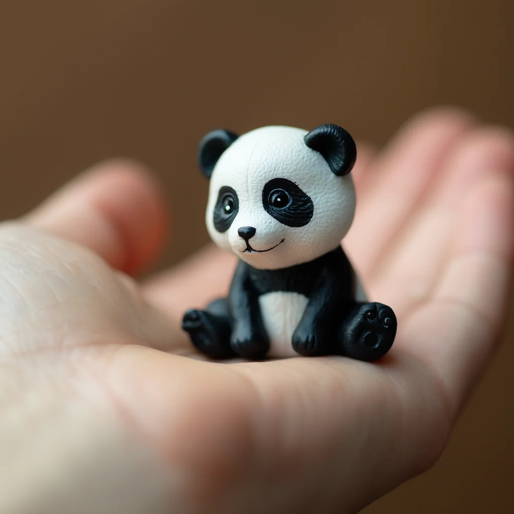 Macro photography, Miniature panda figurine, in a person's palm. Get your own mini cuties with Aux Machina AI picture 2 of 3