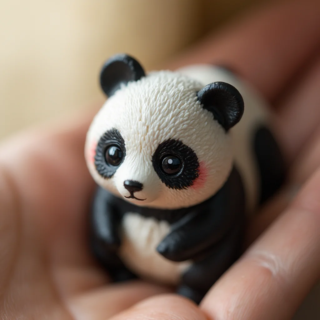 Macro photography, Miniature panda figurine, in a person's palm. Get your own mini cuties with Aux Machina AI picture 3 of 3