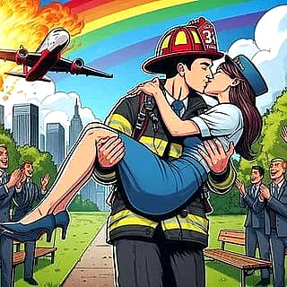 Comic book style kissing between a firefighter and a flight attendant'