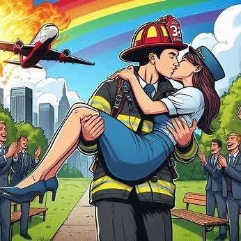 Comic book style kissing between a firefighter and a flight attendant picture 1 of 7