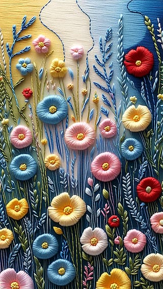 Textured embroidery-style artwork of a vibrant wildflower.'