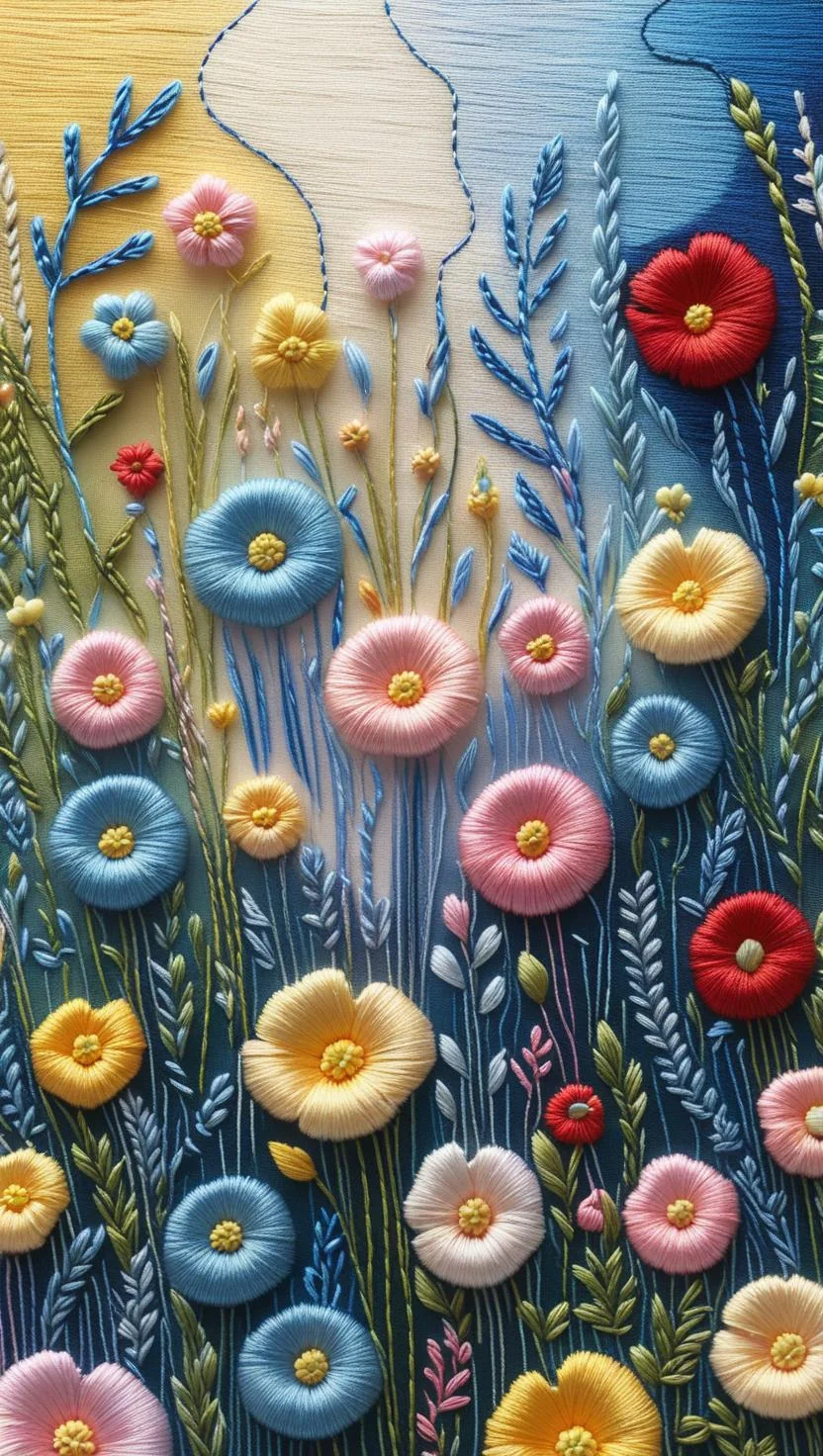 Textured embroidery-style artwork of a vibrant wildflower. picture 1 of 1