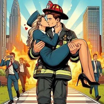 Comic book style kissing between a firefighter and a flight attendant picture 2 of 7