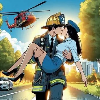 Comic book style kissing between a firefighter and a flight attendant picture 3 of 7