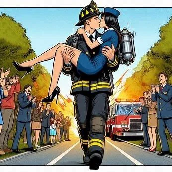 Comic book style kissing between a firefighter and a flight attendant picture 4 of 7