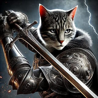 A hyperealistic image of a humanoidal cat holding a greatsword in medieval silver armor'