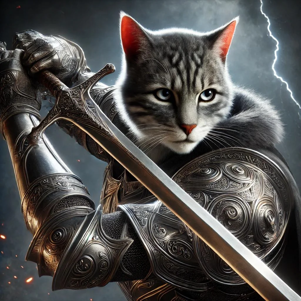 A hyperealistic image of a humanoidal cat holding a greatsword in medieval silver armor picture 1 of 2