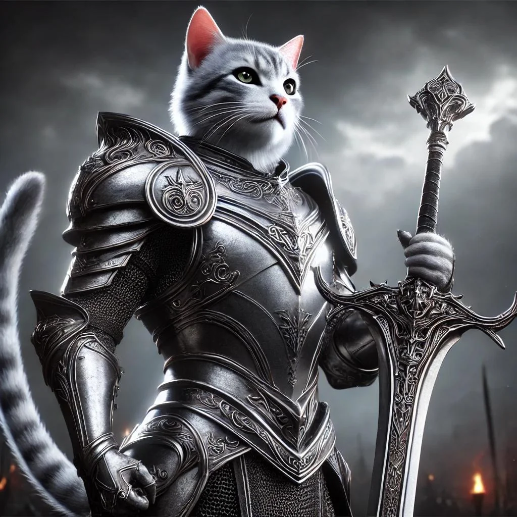 A hyperealistic image of a humanoidal cat holding a greatsword in medieval silver armor picture 2 of 2