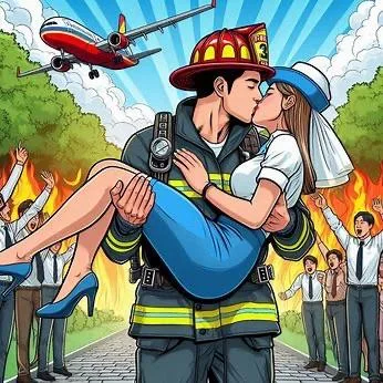 Comic book style kissing between a firefighter and a flight attendant picture 5 of 7