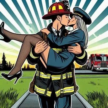 Comic book style kissing between a firefighter and a flight attendant picture 6 of 7