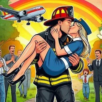 Comic book style kissing between a firefighter and a flight attendant picture 7 of 7