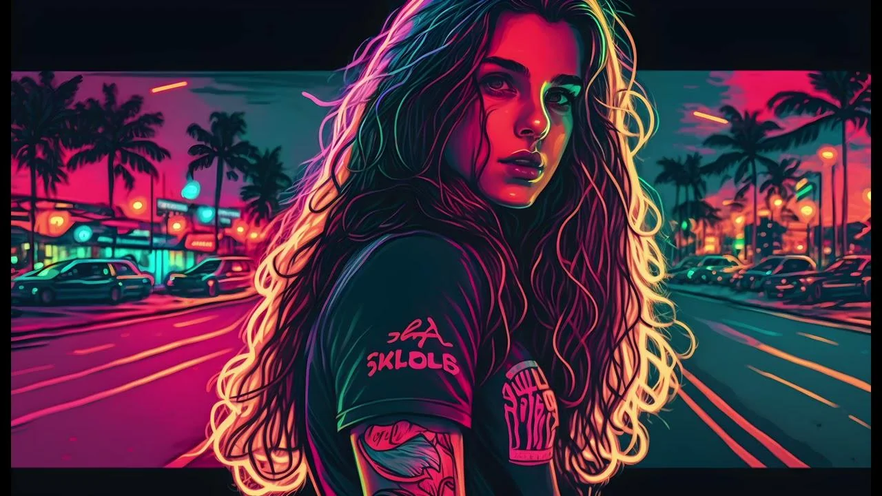 How to get this style? Specifically the way the girl is drawn/rendered (name for the art style?) and the way the lights and colors are all over, affecting her skin, hair, clothes, and background. picture 1 of 1