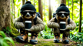 The sloths go hiking with their coffees'