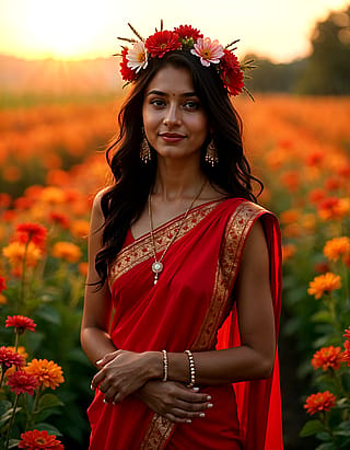 Realistic indian woman wearing a red saree and a crown of flowers'