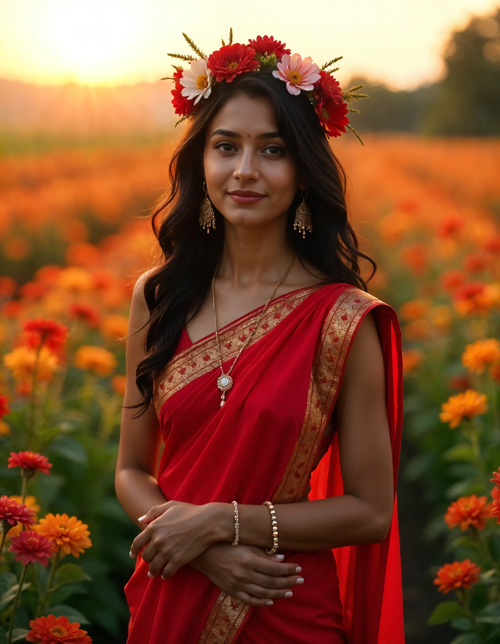 Realistic indian woman wearing a red saree and a crown of flowers picture 1 of 1