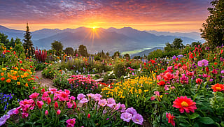 SDXL Juggernaut: beautiful masterpiece, mountains in the background, colorful flower garden at sunrise, dewdrops'