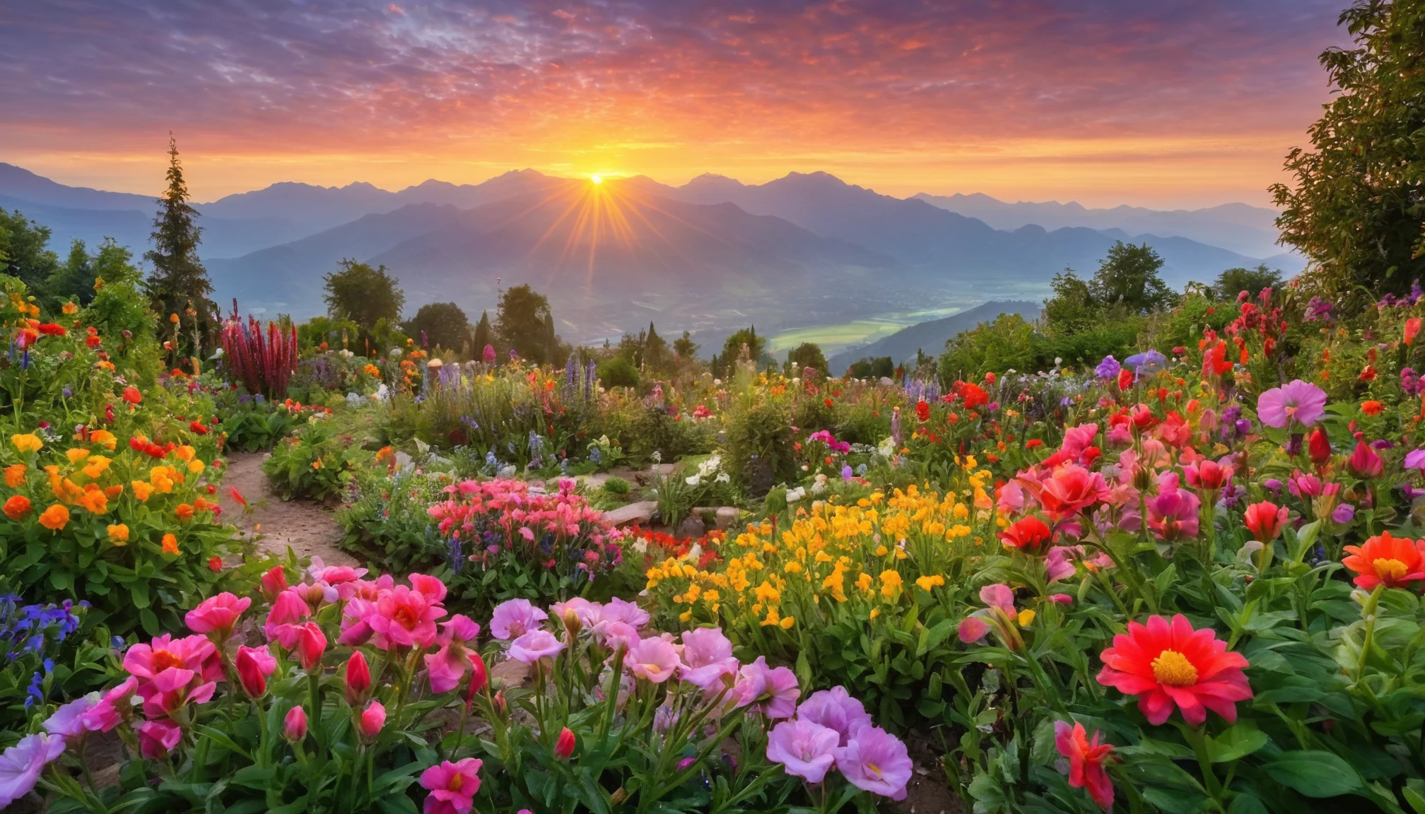 SDXL Juggernaut: beautiful masterpiece, mountains in the background, colorful flower garden at sunrise, dewdrops picture 1 of 1