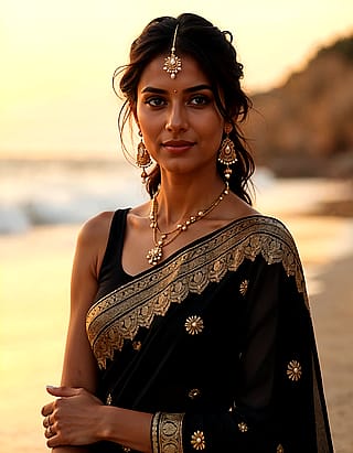 Realistic woman wearing black saree and jewellery'