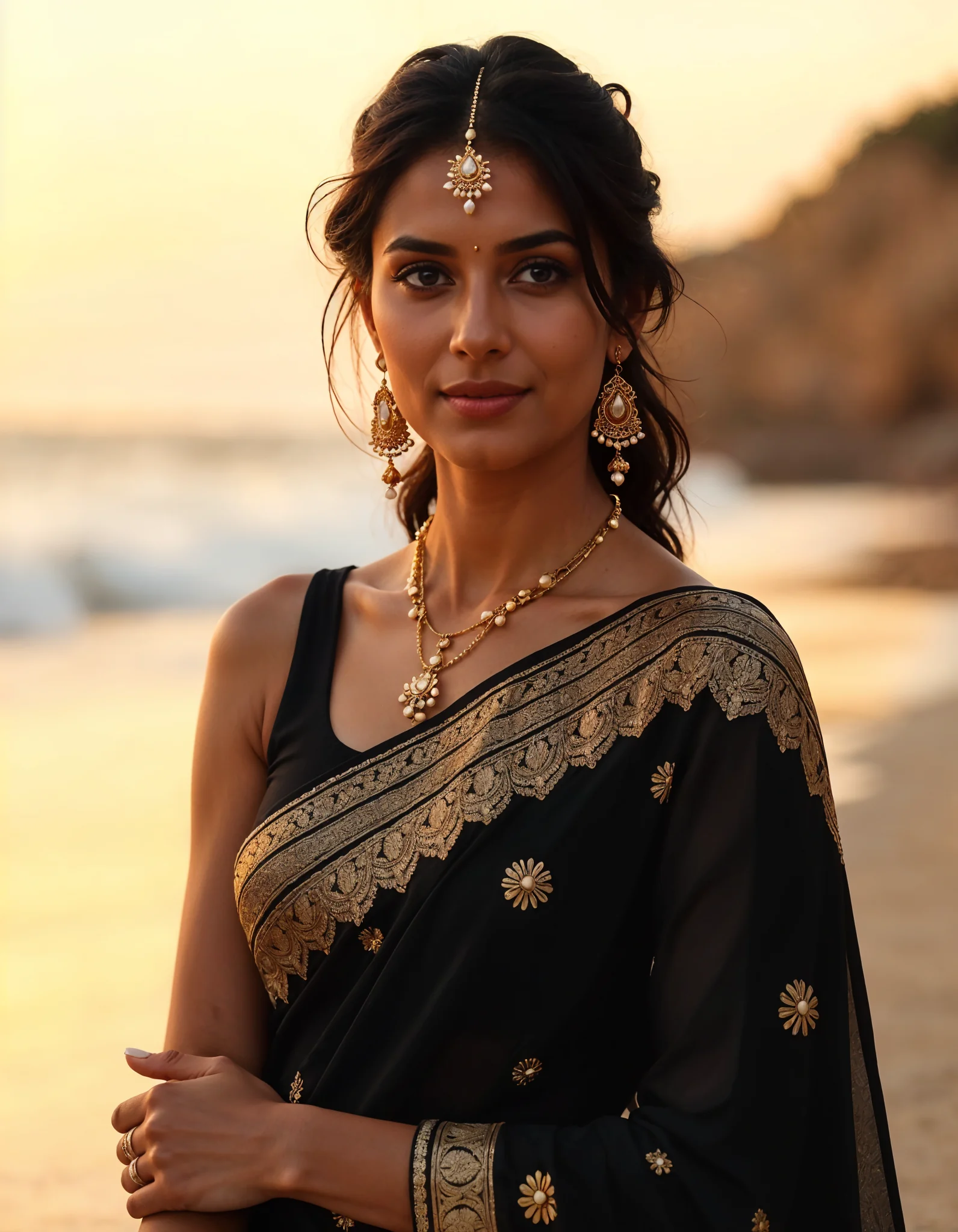 Realistic woman wearing black saree and jewellery picture 1 of 1