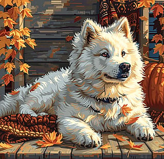 Majestic White Samoyed Living Their Best Autumn Life on a Rustic Porch with Golden Maple Leaves and Harvest Decor'