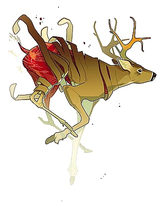 Description: An illustration of a deer running from left to right. The front of the deer looks normal, but as you move to the back of the deer, it's skin peels away like ribbons. Revealing the muscles and bones.'