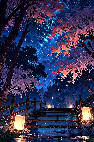 An enchanting anime-style night scene with a serene, calming vibe.'