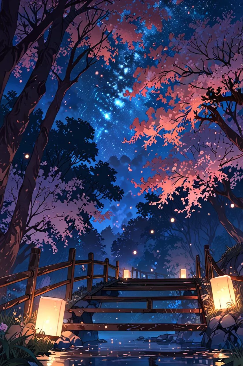 An enchanting anime-style night scene with a serene, calming vibe. picture 1 of 1