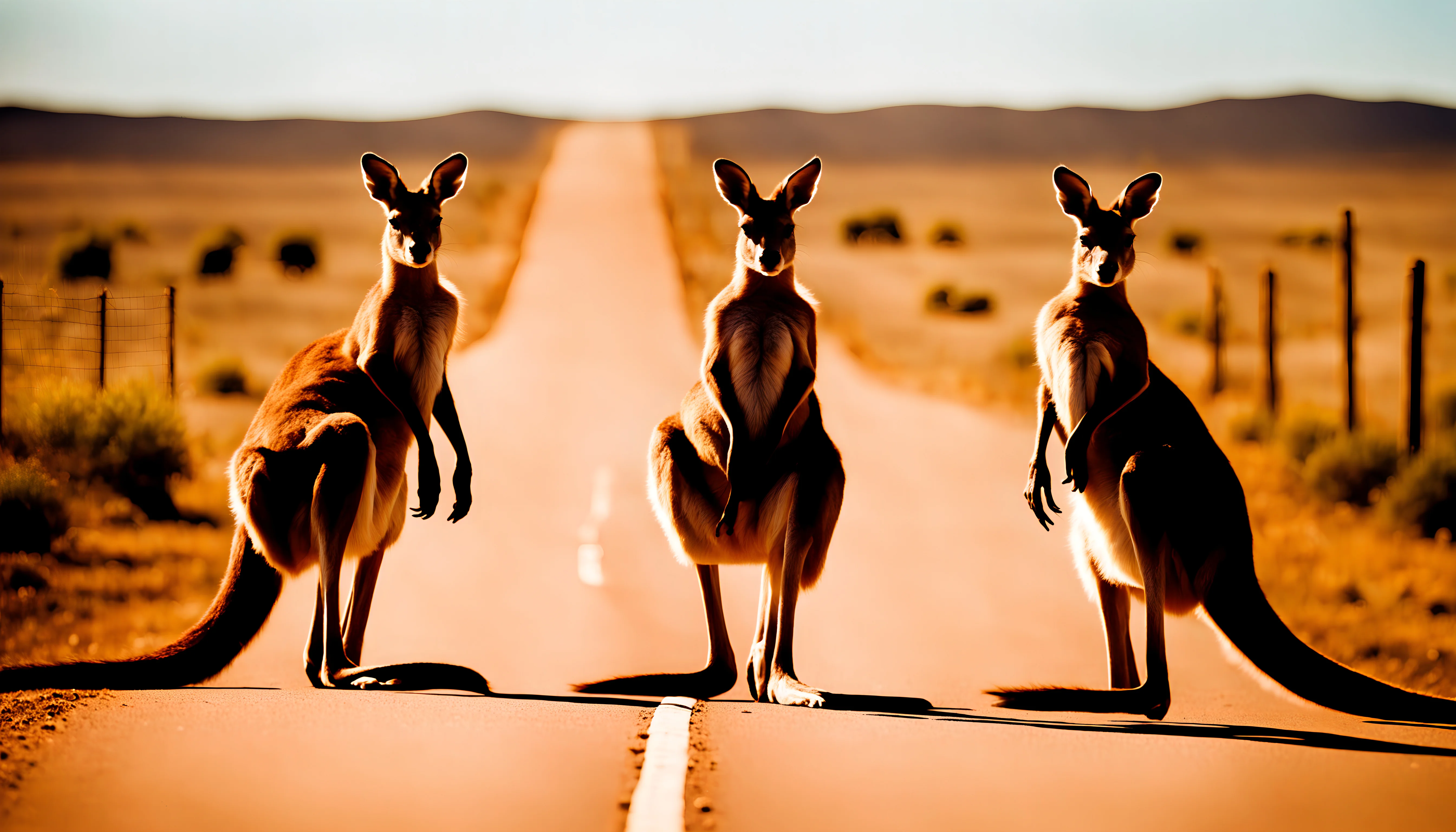 Australian kangaroos, in the outback. Hopping along side the road. The sun is shining bright in the blue sky. The road is unpaved with tire tracks leading to the horizon. picture 1 of 4