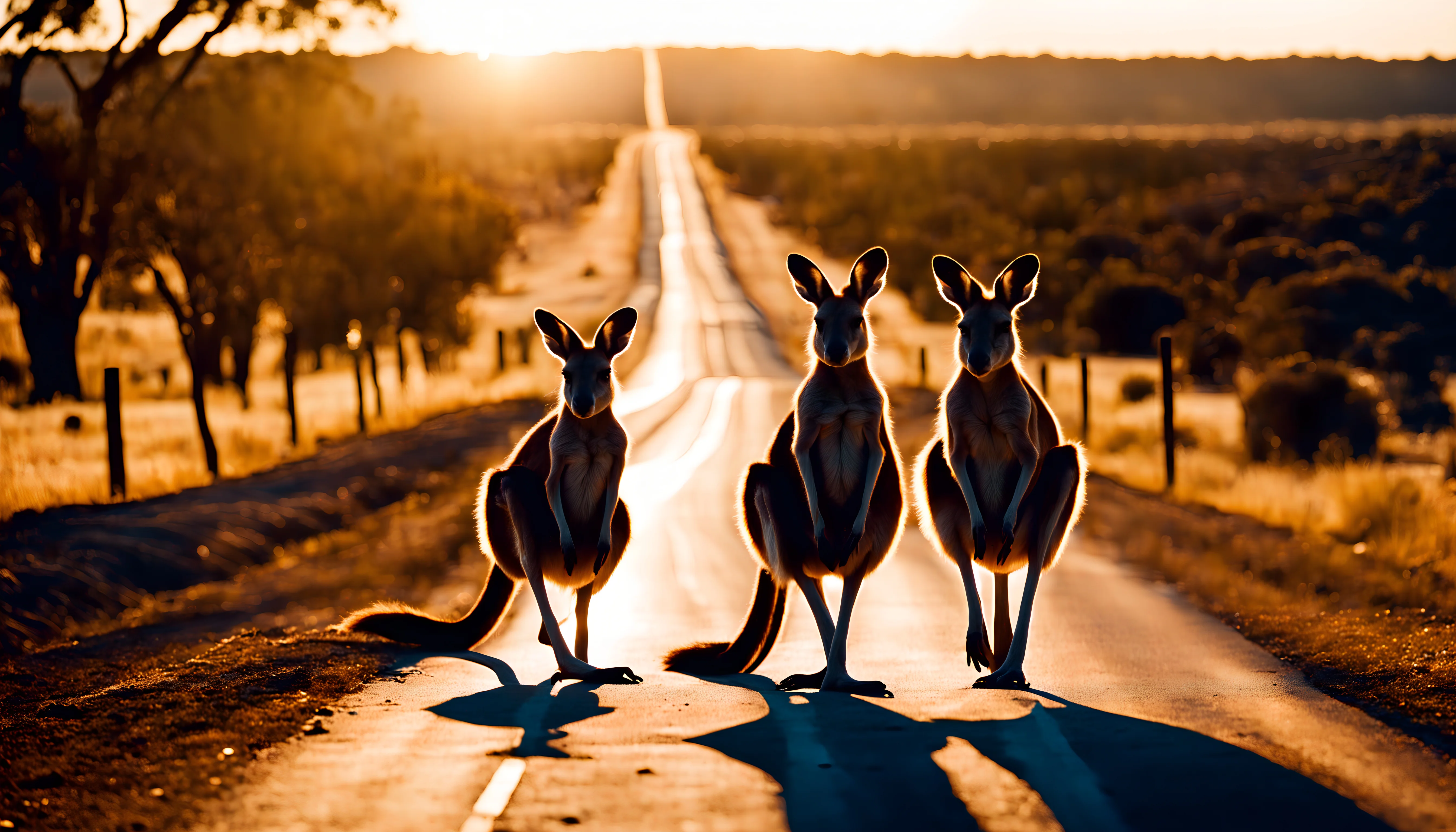 Australian kangaroos, in the outback. Hopping along side the road. The sun is shining bright in the blue sky. The road is unpaved with tire tracks leading to the horizon. picture 2 of 4