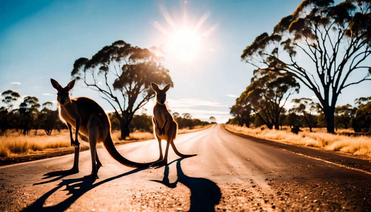 Australian kangaroos, in the outback. Hopping along side the road. The sun is shining bright in the blue sky. The road is unpaved with tire tracks leading to the horizon. picture 3 of 4