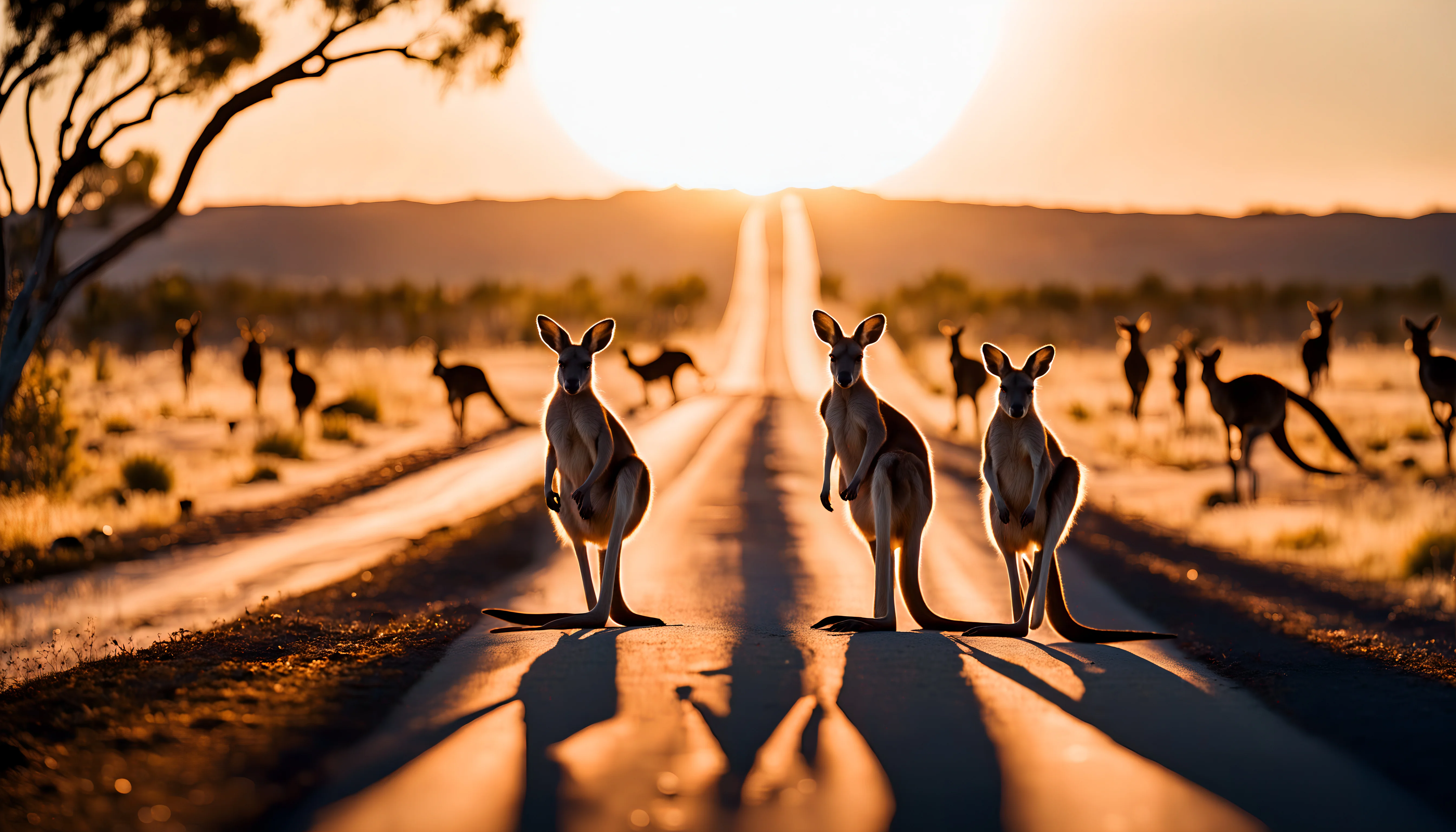 Australian kangaroos, in the outback. Hopping along side the road. The sun is shining bright in the blue sky. The road is unpaved with tire tracks leading to the horizon. picture 4 of 4