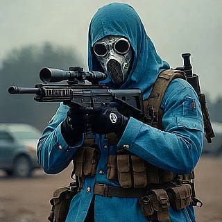 a blue masked ghost holding a AK-47 with post-apocalyptic aesthetic'