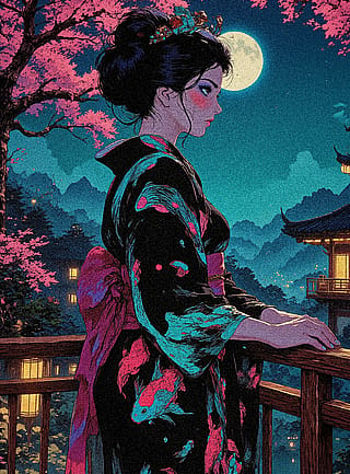 Modern Meets Tradition: A Geisha Under the Moonlight 🌙✨'