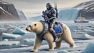 European (EU) soldier guarding Greenland on a domesticated polar bear'