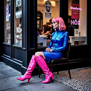 Fashion photography, A person with pink hair wearing a shiny blue dress and bright pink thigh-high boots sitting outside a shop'