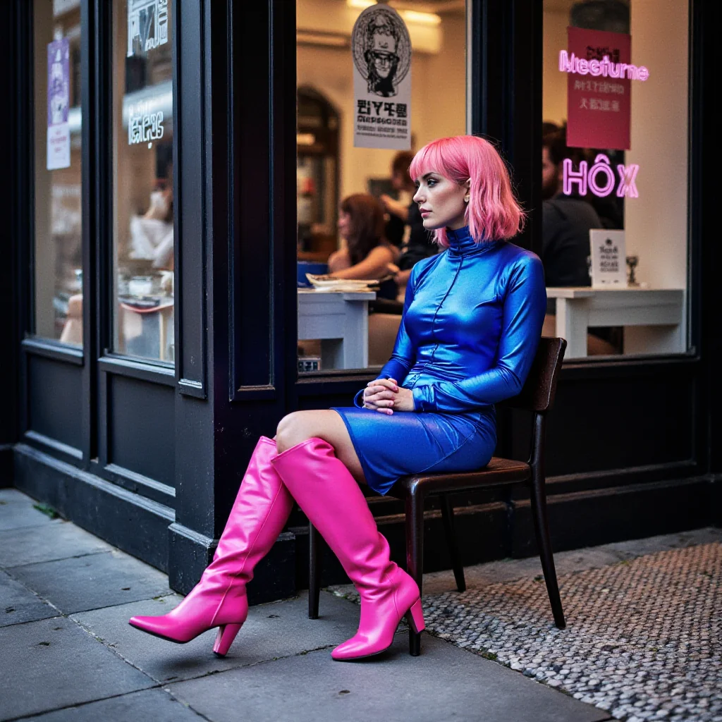 Fashion photography, A person with pink hair wearing a shiny blue dress and bright pink thigh-high boots sitting outside a shop picture 1 of 2