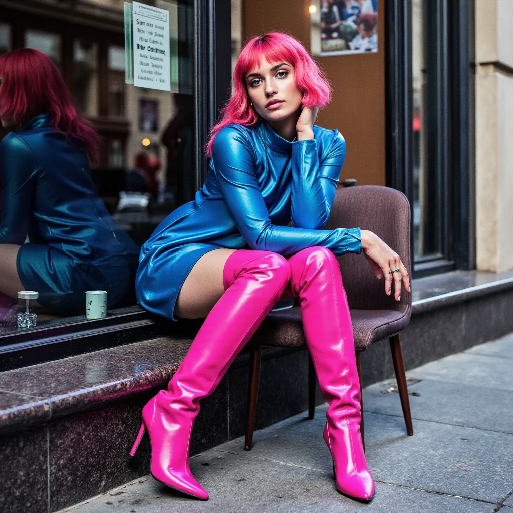 Fashion photography, A person with pink hair wearing a shiny blue dress and bright pink thigh-high boots sitting outside a shop picture 2 of 2