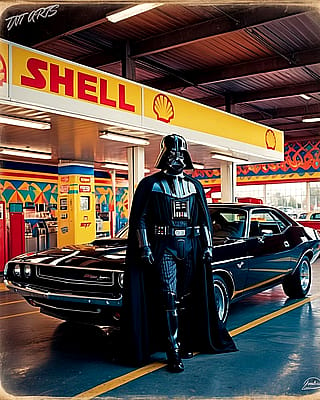 Darth Vader with his classic muscle car'