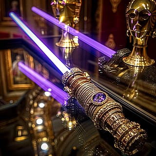 The Royal Lightsaber on display amongst the Crown Jewels at the Tower of London'